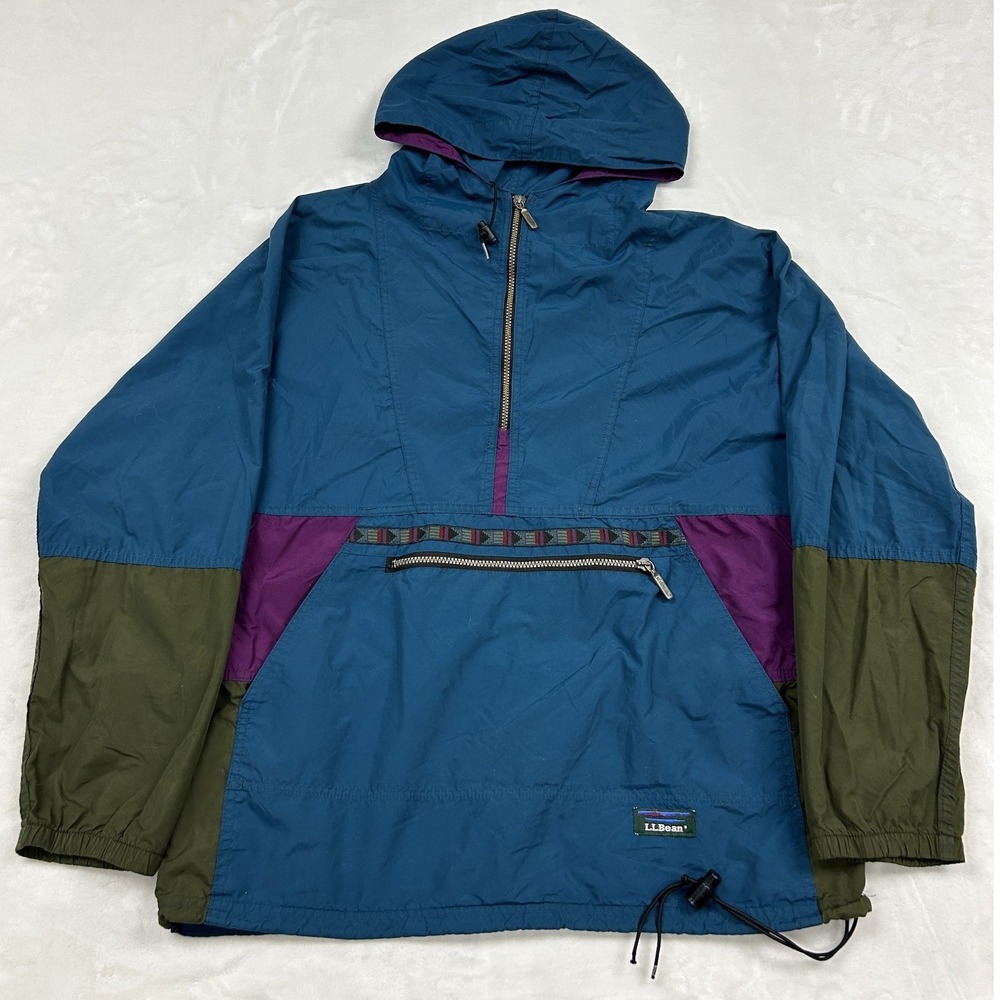LL Bean Anorak Pullover Mens L Blue Colorblock Vintage Windbreaker Jacket